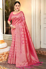 Pink Cotton Woven Saree