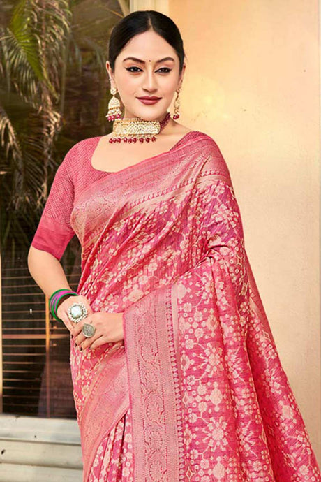 Pink Cotton Woven Saree