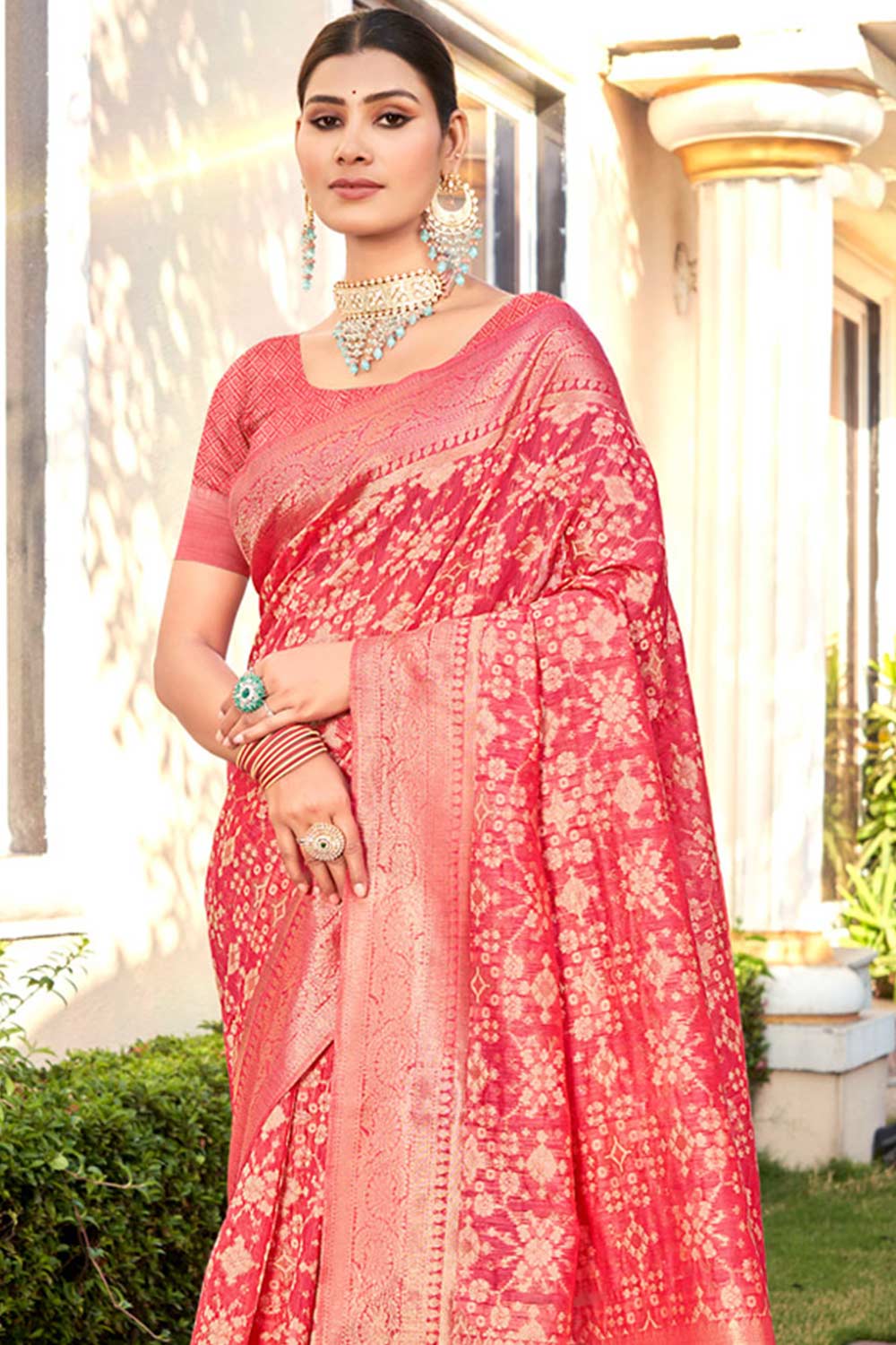 Pink Cotton Woven Saree