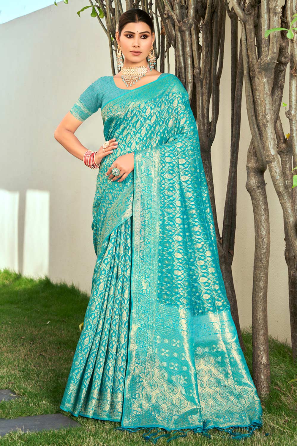 Teal Cotton Woven Saree