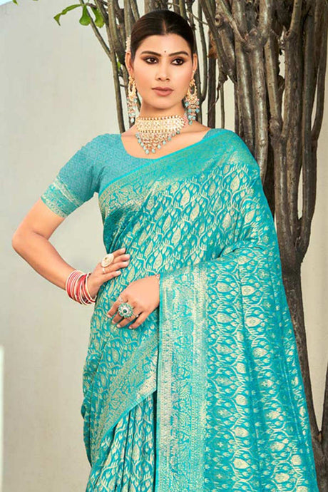 Teal Cotton Woven Saree