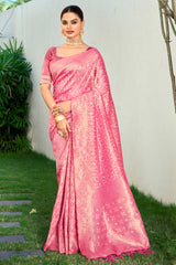 Pink Cotton Woven Saree