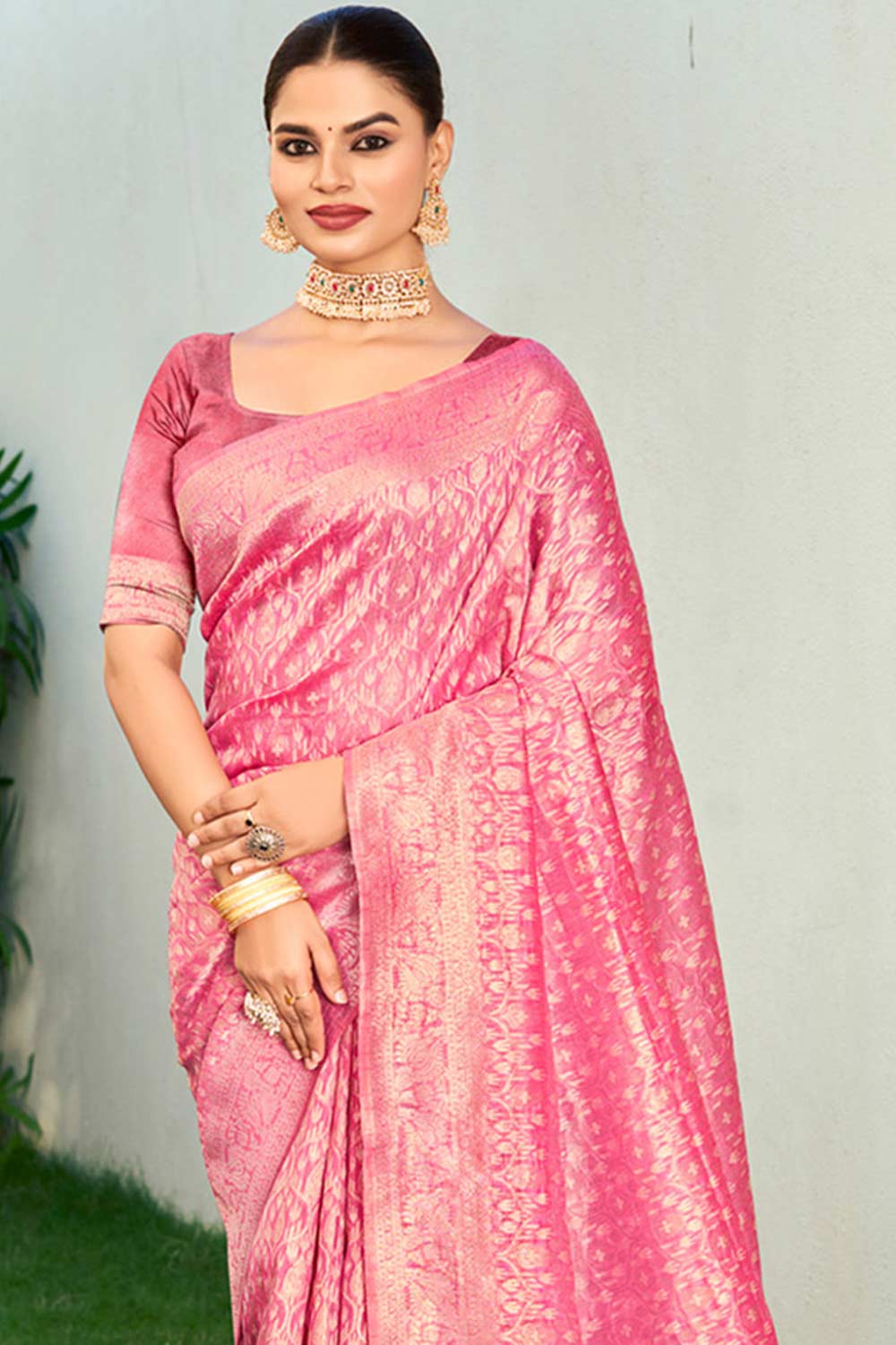 Pink Cotton Woven Saree