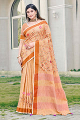 Peach Linen Woven Saree