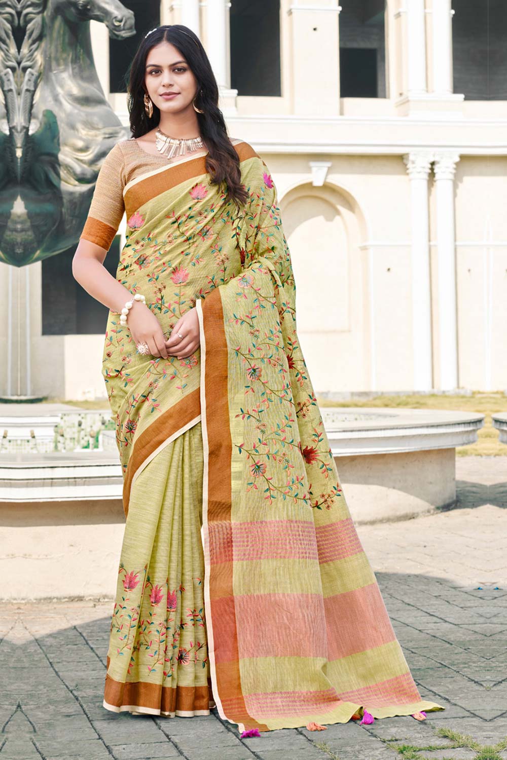 Olive Linen Woven Saree