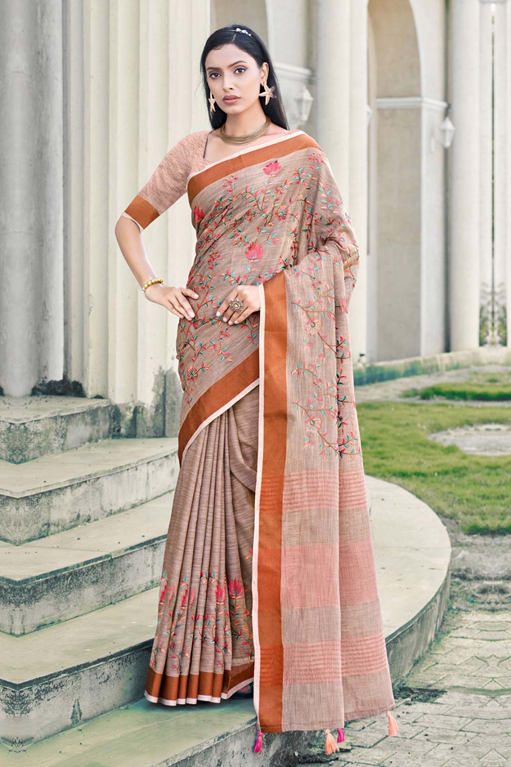 Brown Linen Woven Saree