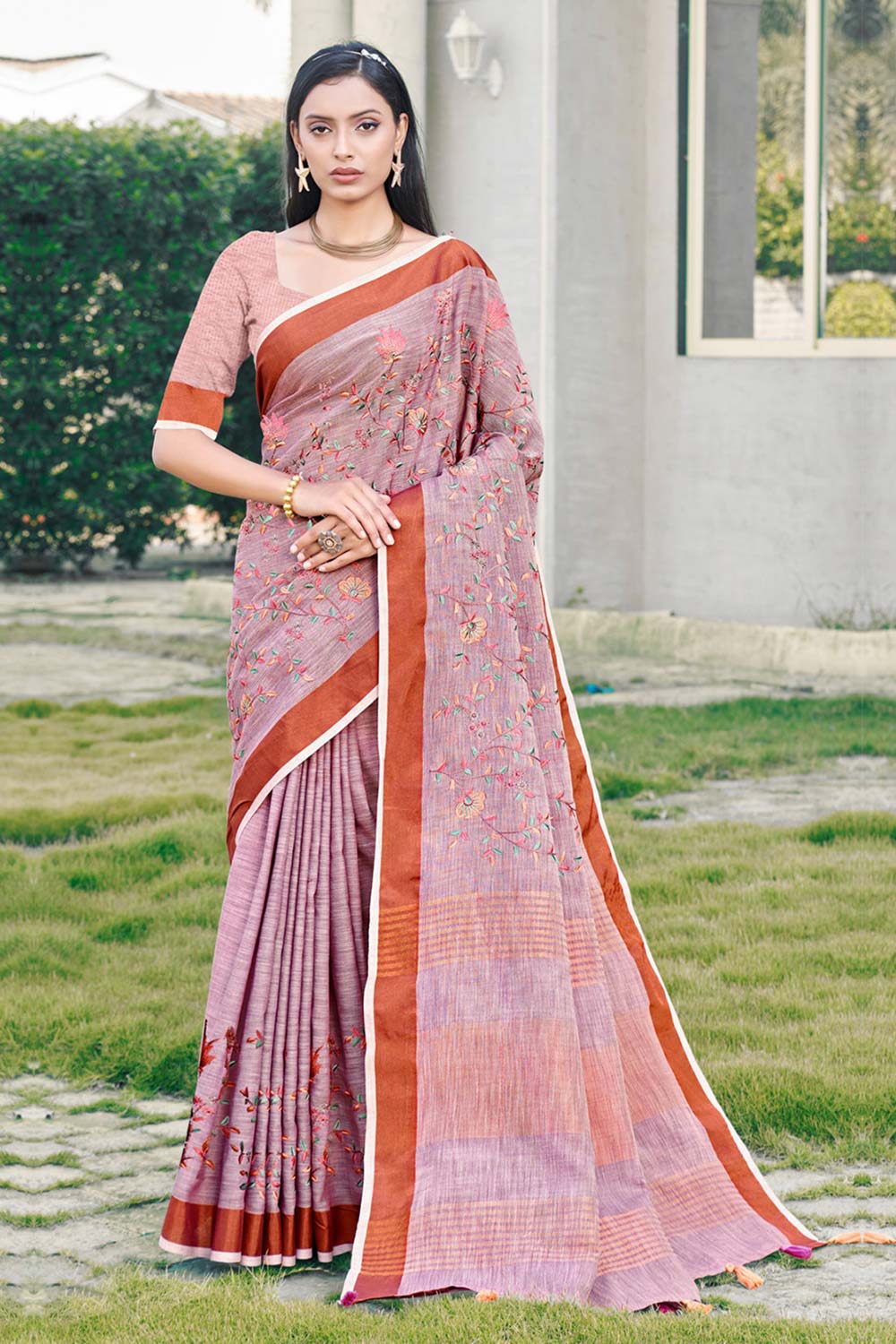 Brown Linen Woven Saree