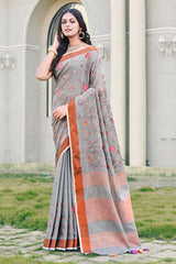 Grey Linen Woven Saree