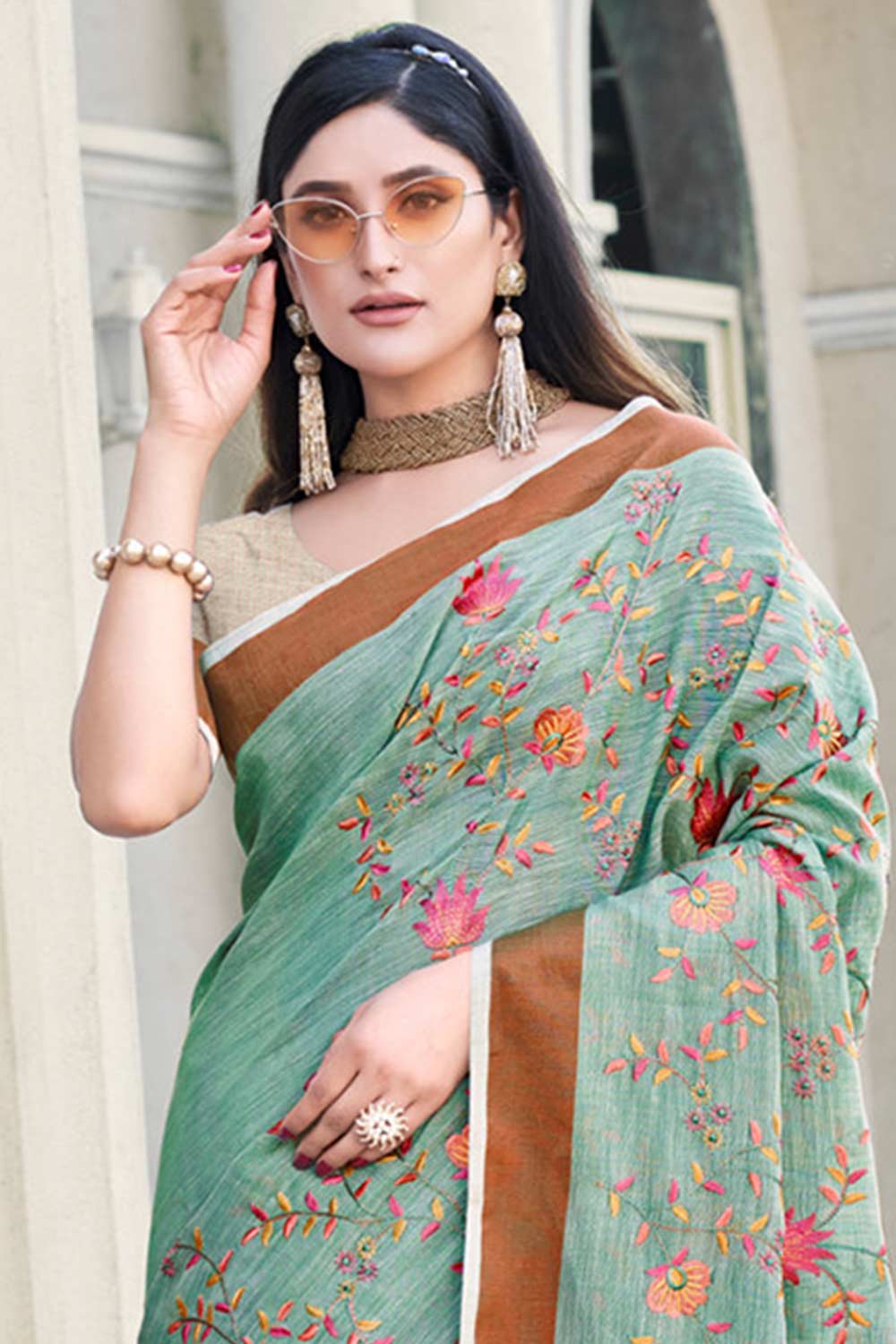 Sea Green Linen Woven Saree