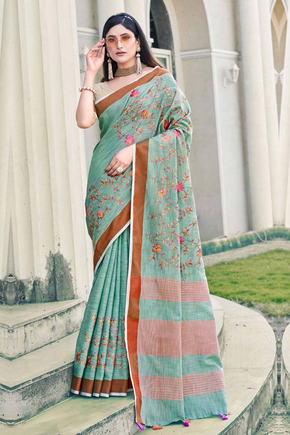 Sea Green Linen Woven Saree