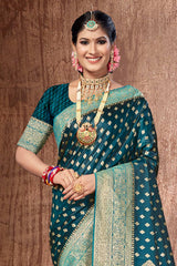 Teal Banarasi Silk Woven Saree