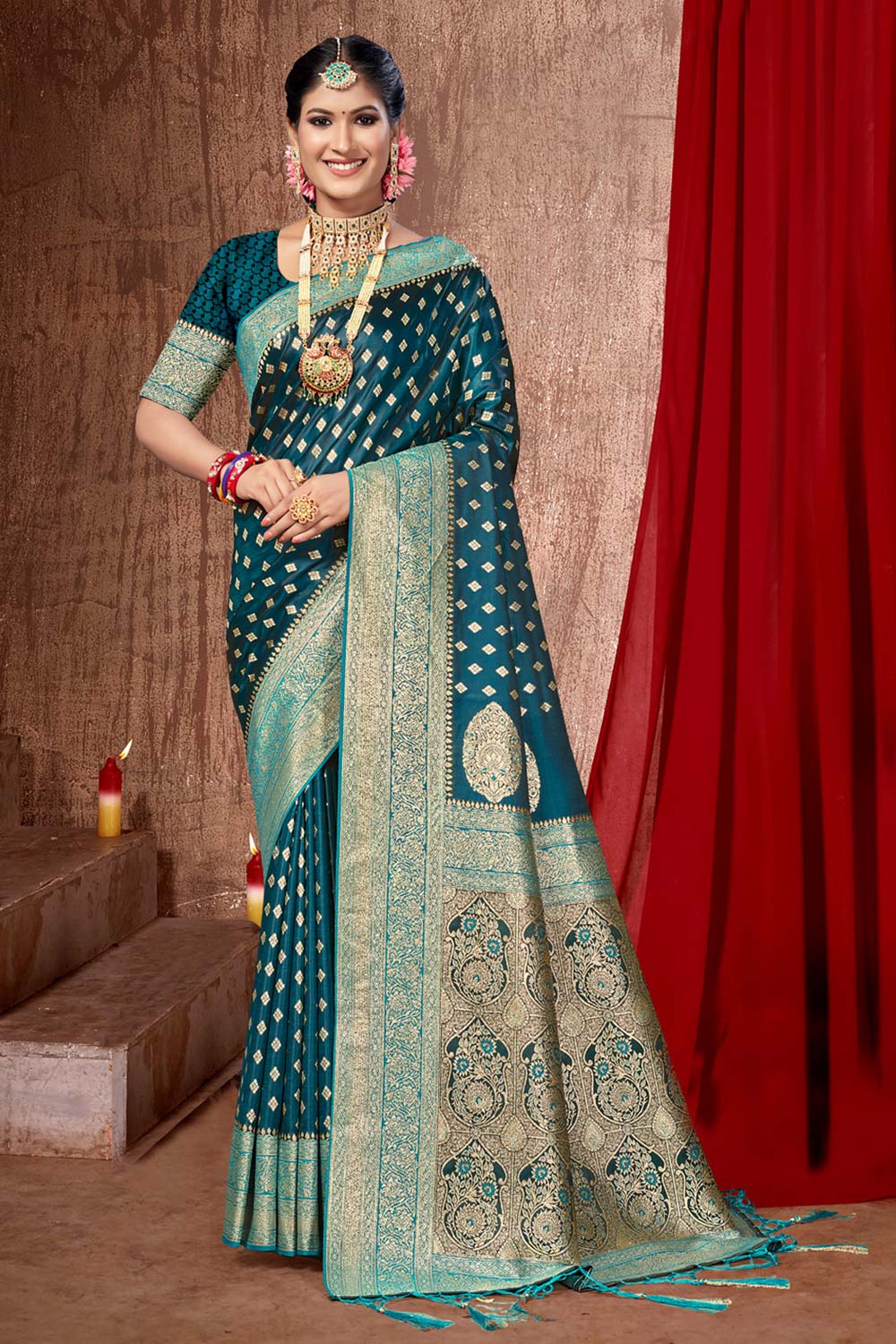 Teal Banarasi Silk Woven Saree