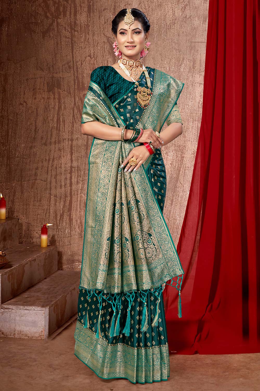 Teal Banarasi Silk Woven Saree