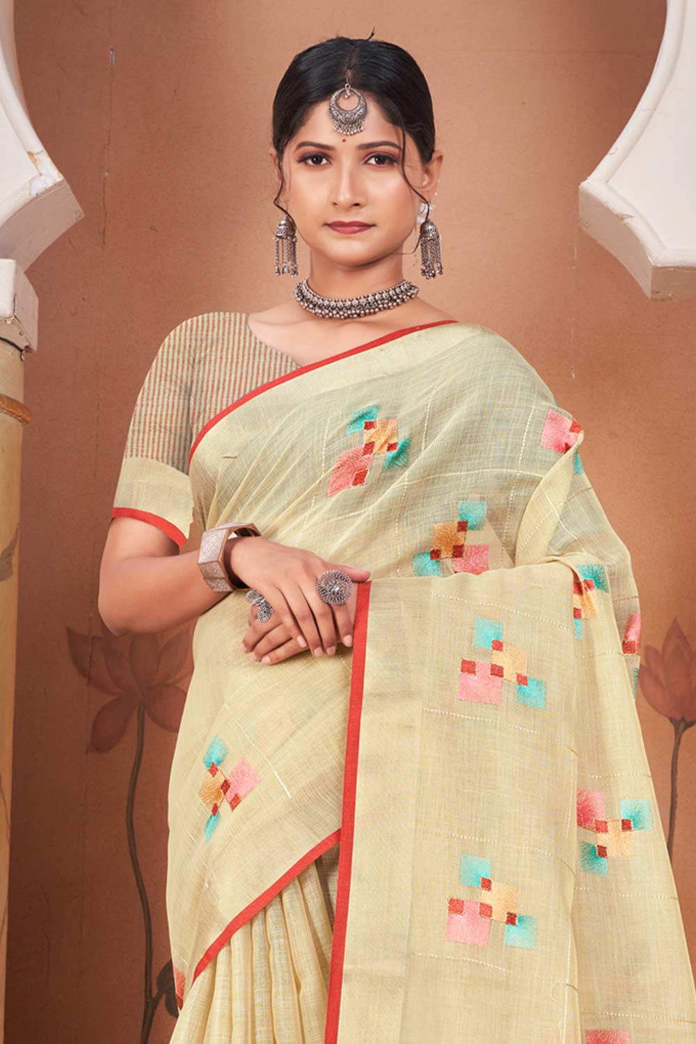 Beige Linen Woven Saree