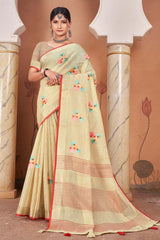 Beige Linen Woven Saree