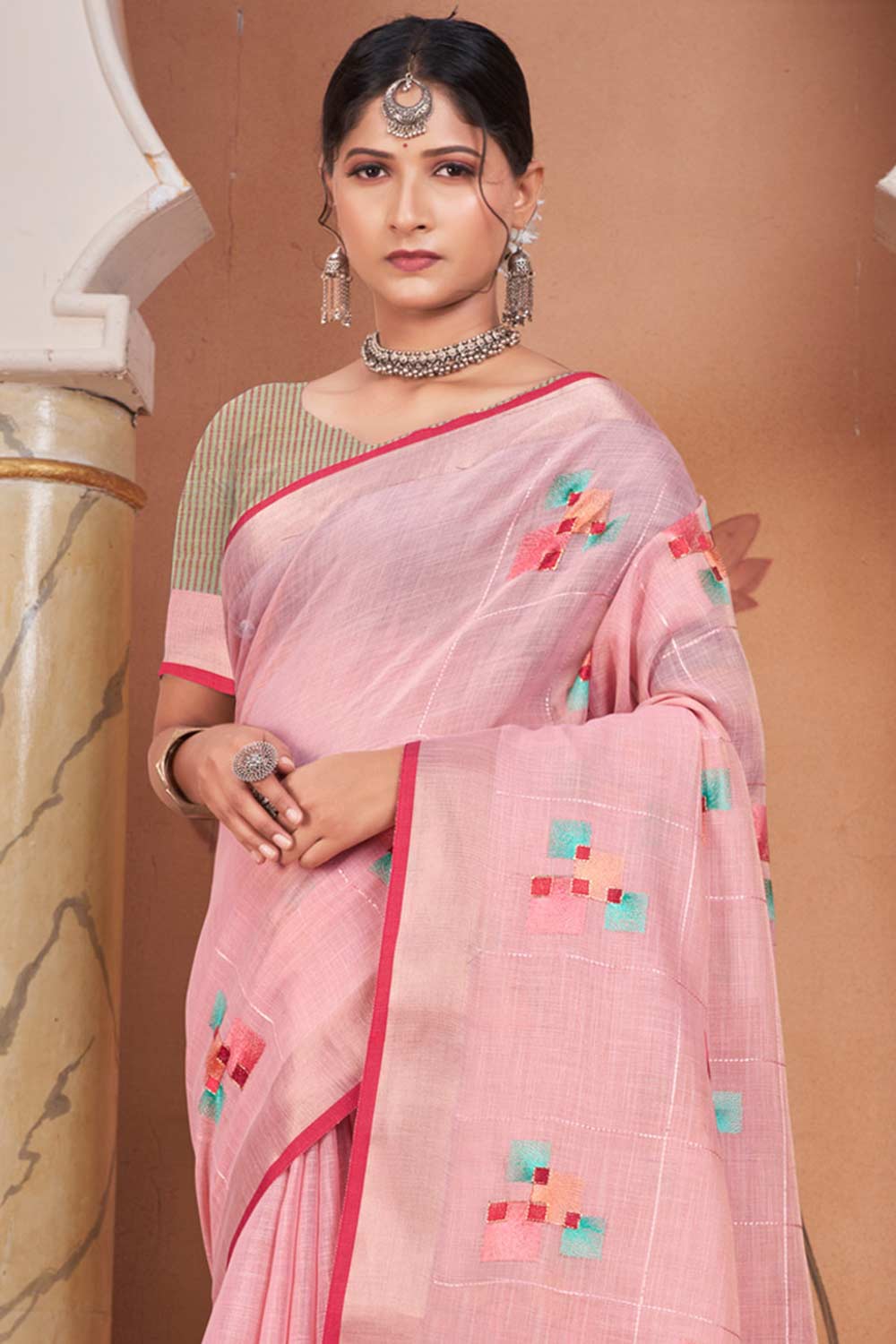 Pink Linen Woven Saree