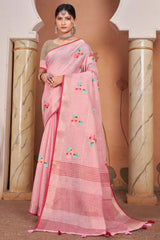 Pink Linen Woven Saree