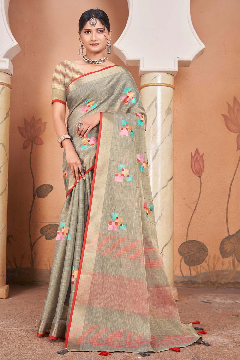 Cream Linen Woven Saree