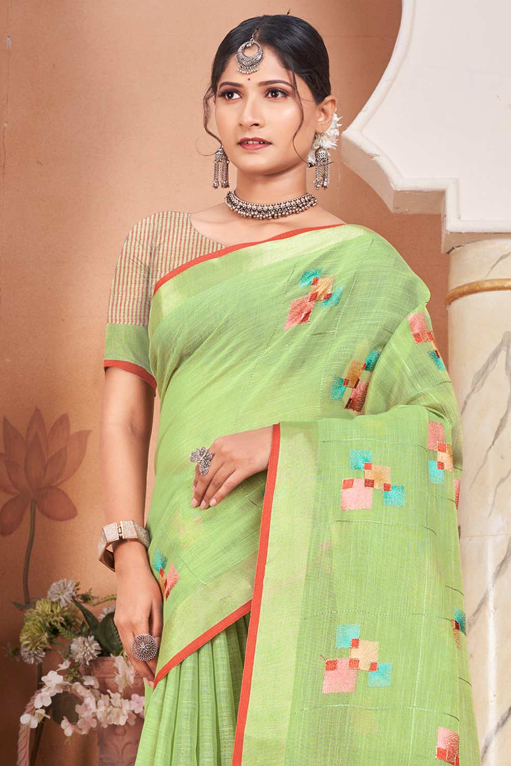 Green Linen Woven Saree