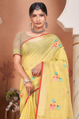 Yellow Linen Woven Saree