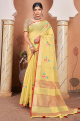 Yellow Linen Woven Saree