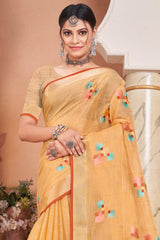 Yellow Linen Woven Saree