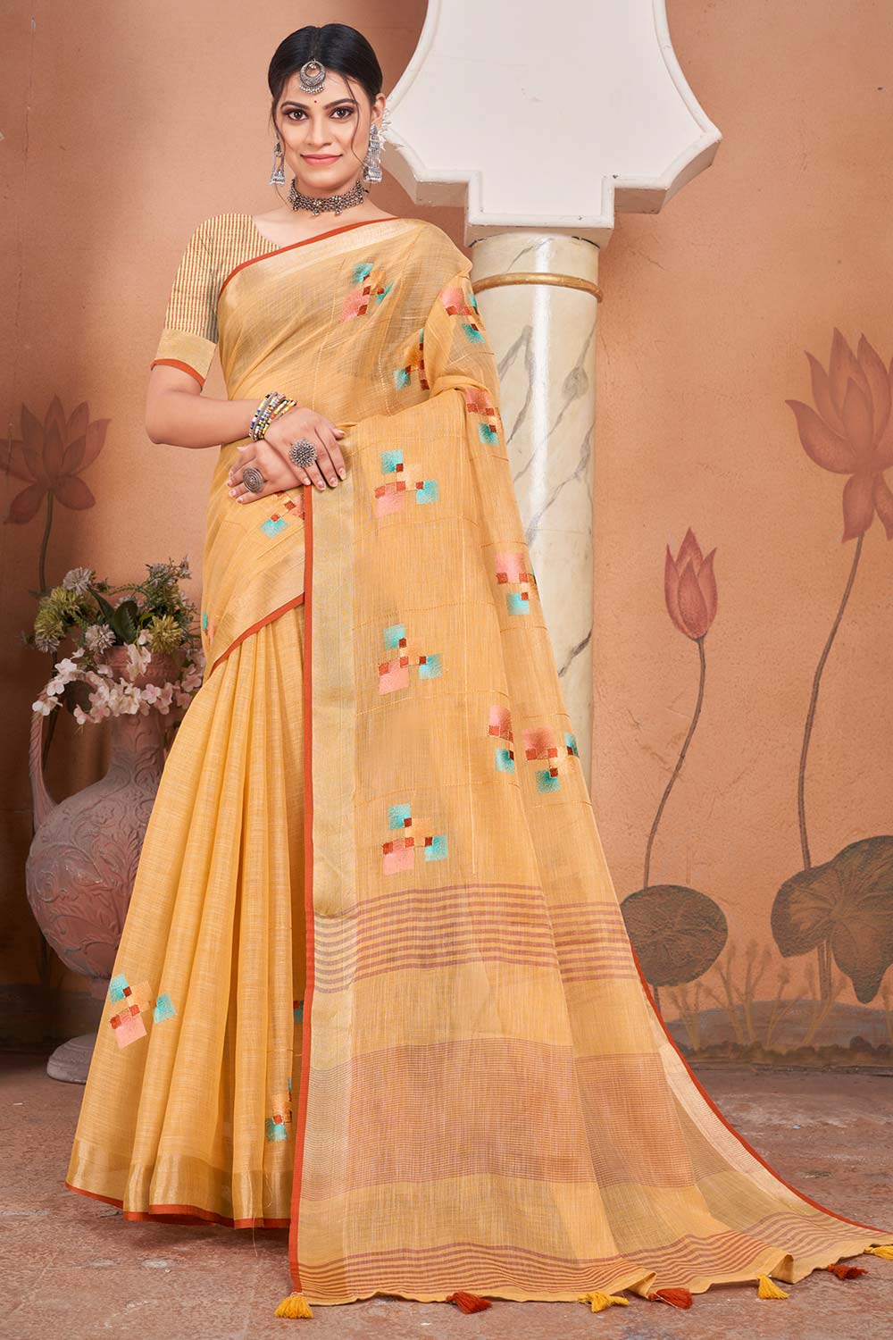 Yellow Linen Woven Saree