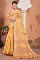 Yellow Linen Woven Saree