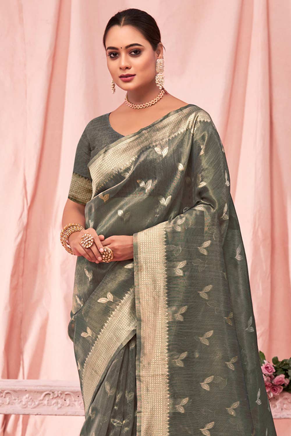 Grey Kota Cotton Woven Saree