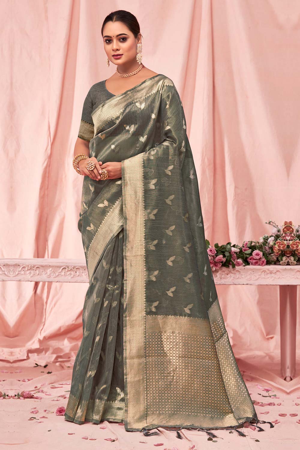 Grey Kota Cotton Woven Saree