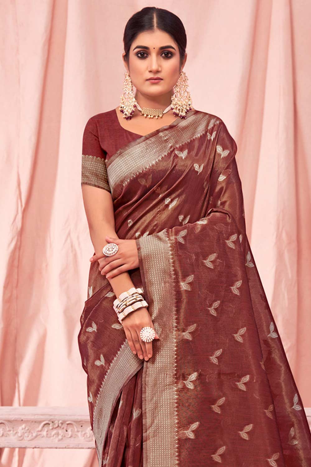 Brown Kota Cotton Woven Saree