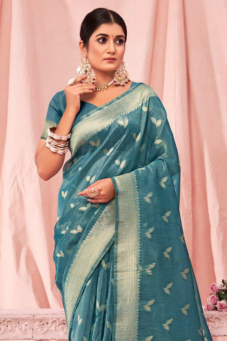 Teal Kota Cotton Woven Saree