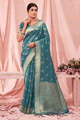 Teal Kota Cotton Woven Saree