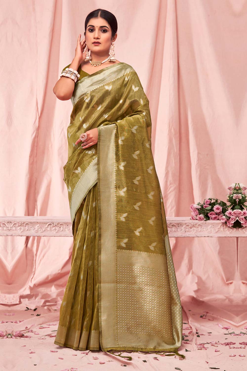 Olive Kota Cotton Woven Saree