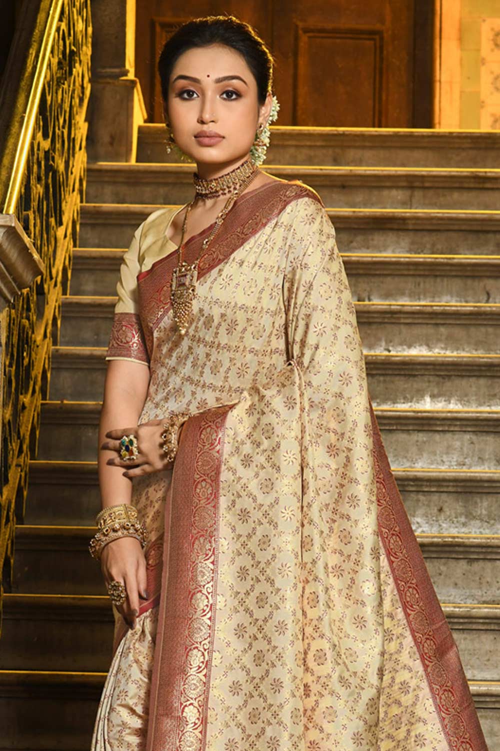 Beige Banarasi Silk Woven Saree