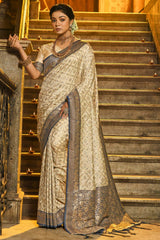 Beige Banarasi Silk Woven Saree