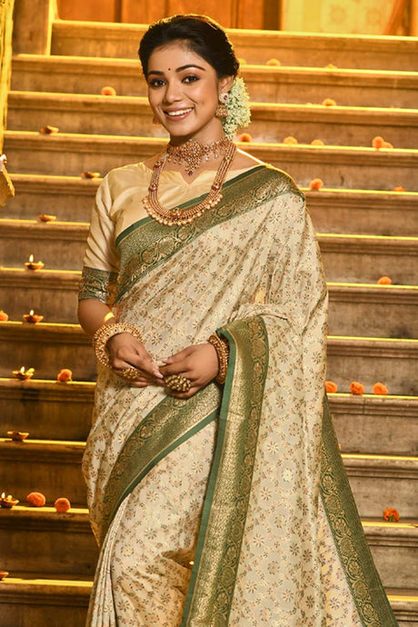 Beige Banarasi Silk Woven Saree