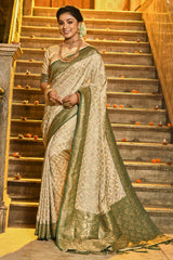 Beige Banarasi Silk Woven Saree