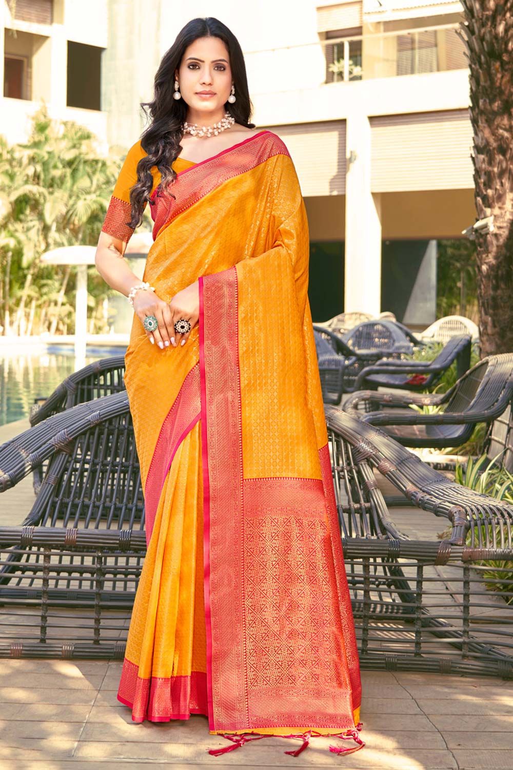 Yellow Banarasi Silk Woven Saree