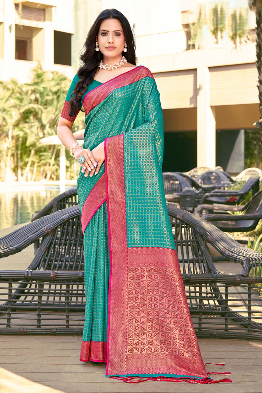 Teal Banarasi Silk Woven Saree