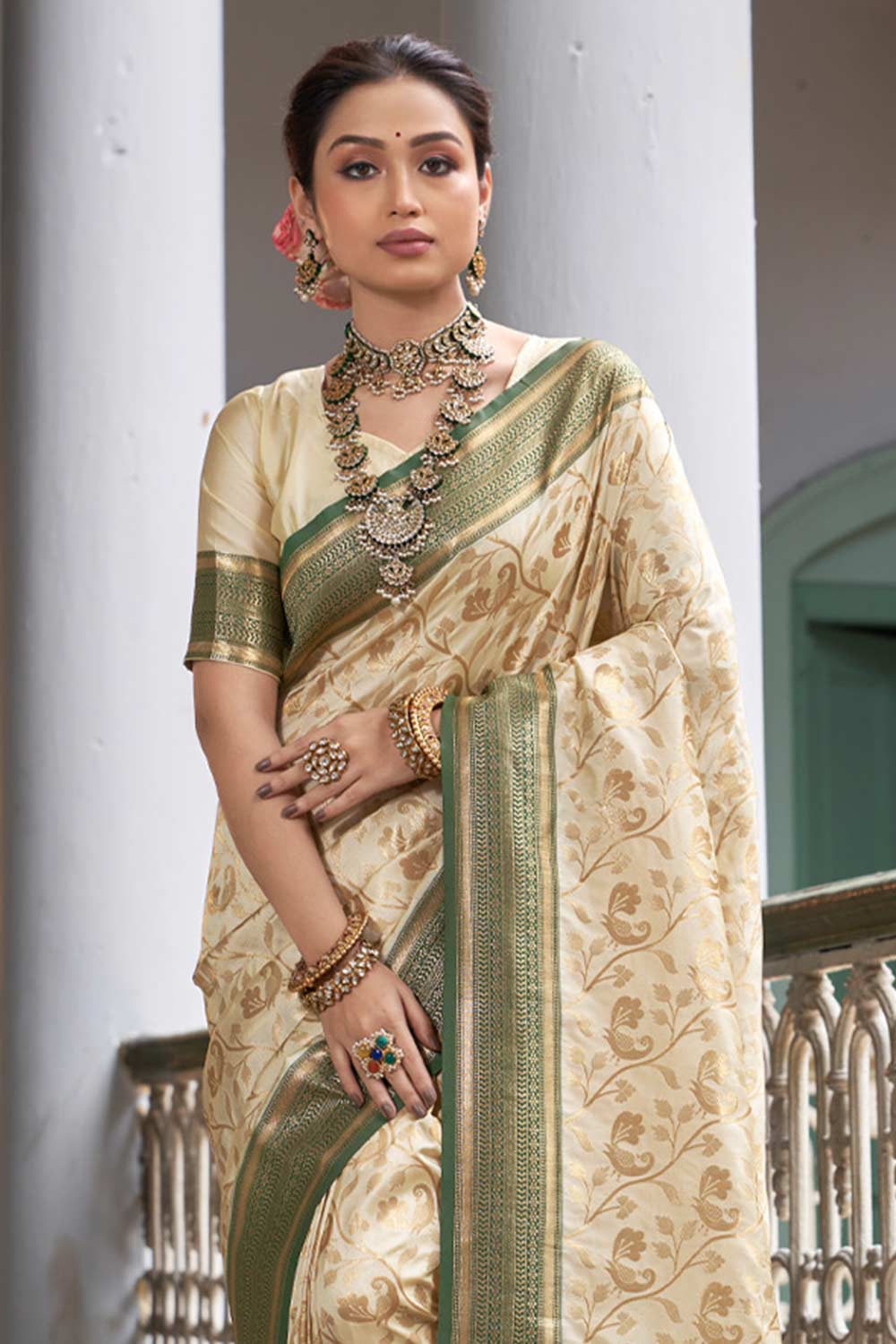 Beige Banarasi Silk Woven Saree