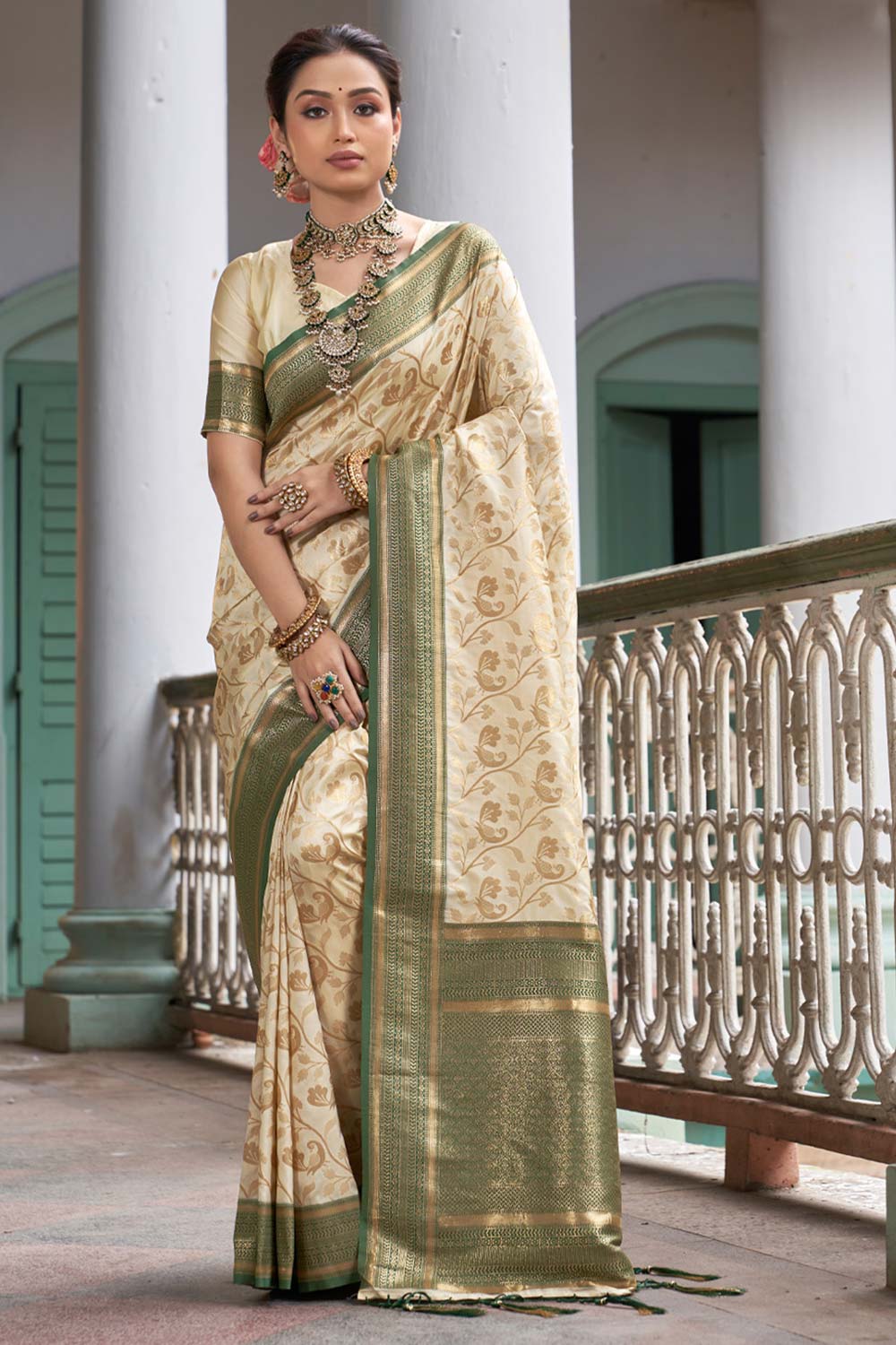 Beige Banarasi Silk Woven Saree