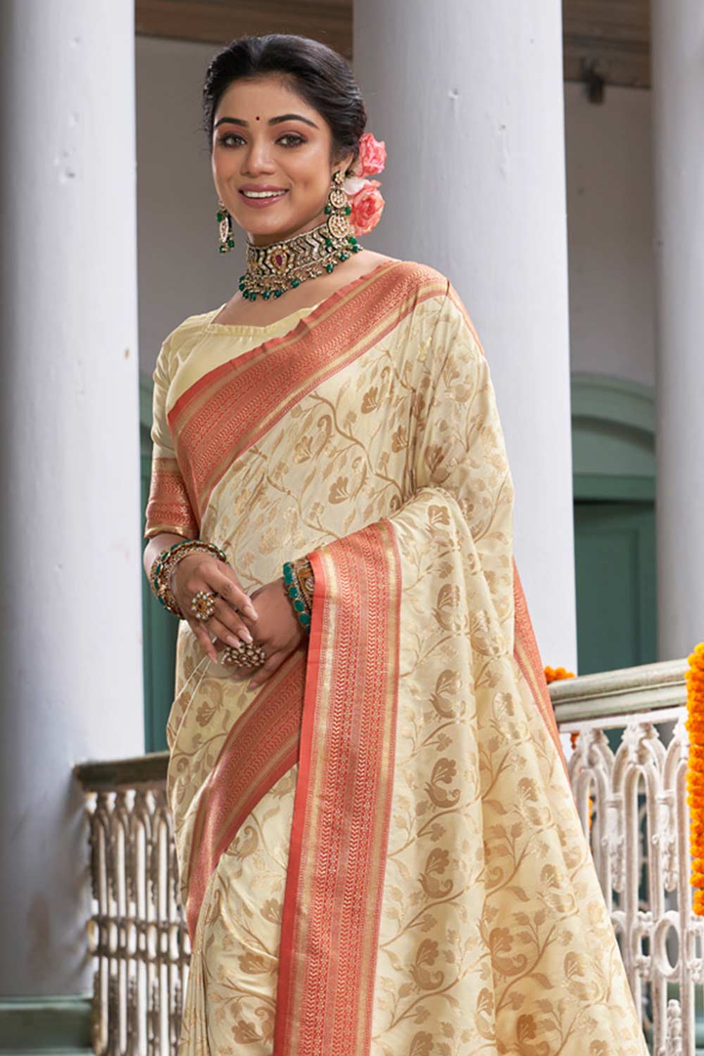 Beige Banarasi Silk Woven Saree