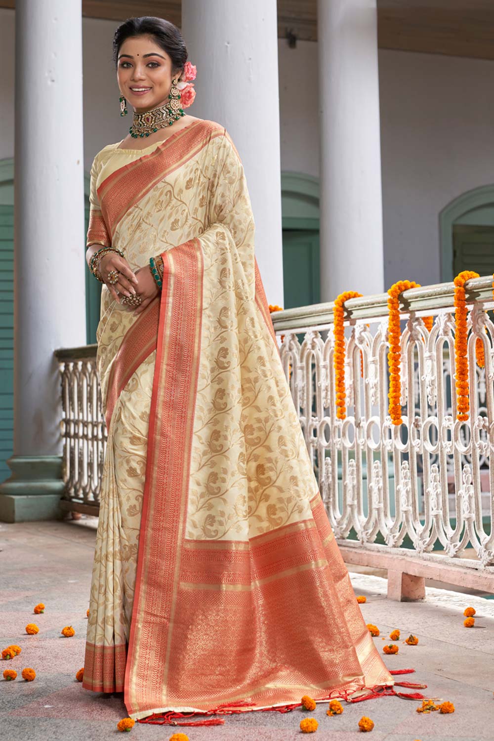 Beige Banarasi Silk Woven Saree