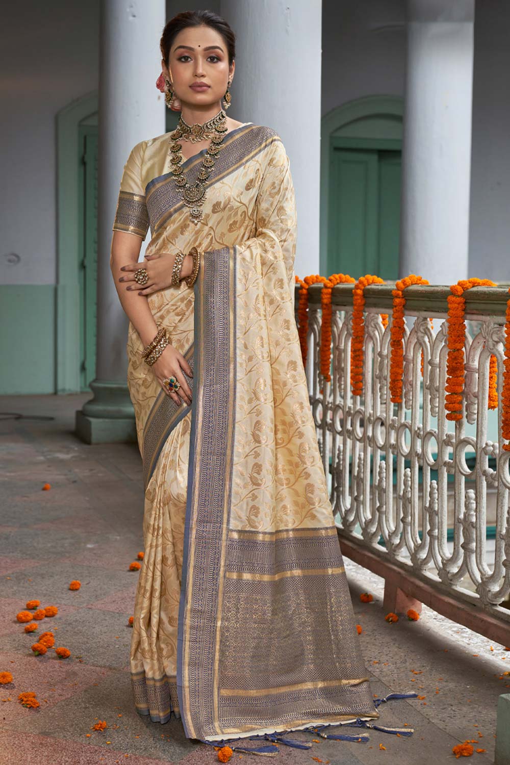 Beige Banarasi Silk Woven Saree