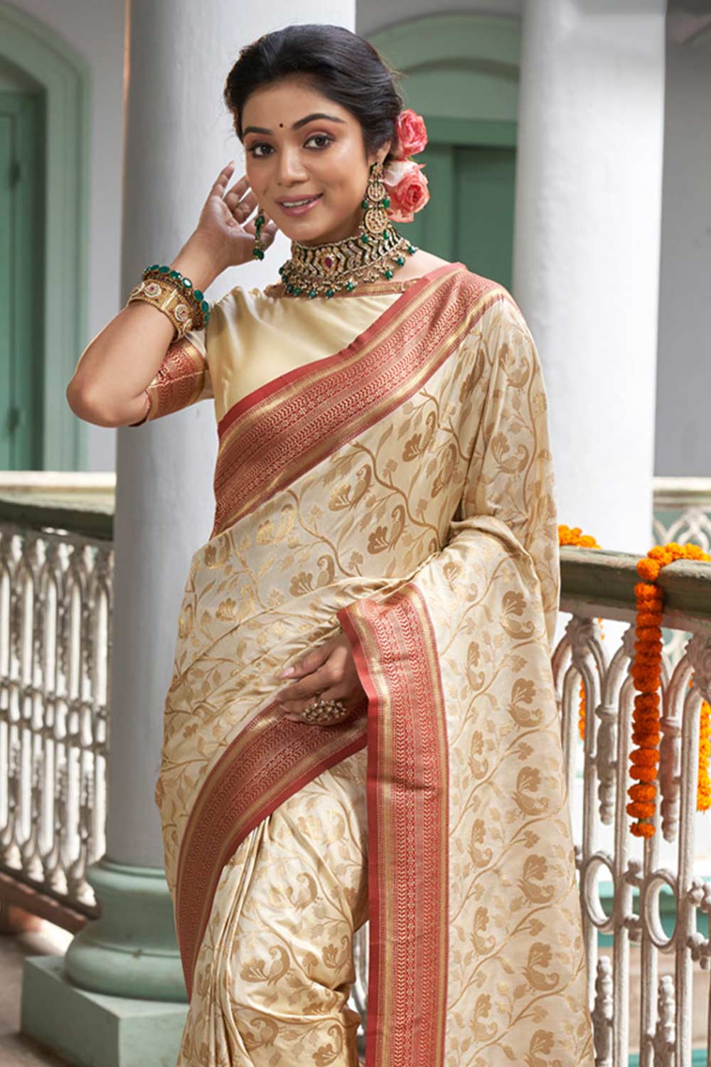 Beige Banarasi Silk Woven Saree