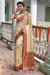 Beige Banarasi Silk Woven Saree