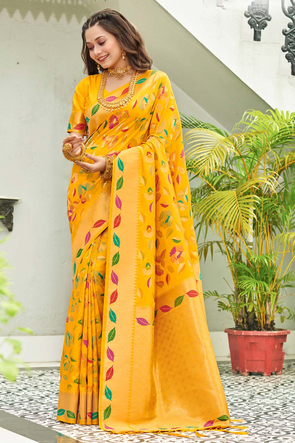 Yellow Banarasi Silk Woven Saree