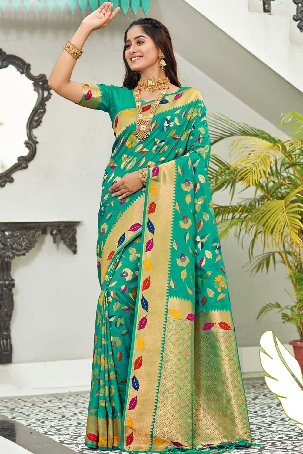 Teal Banarasi Silk Woven Saree