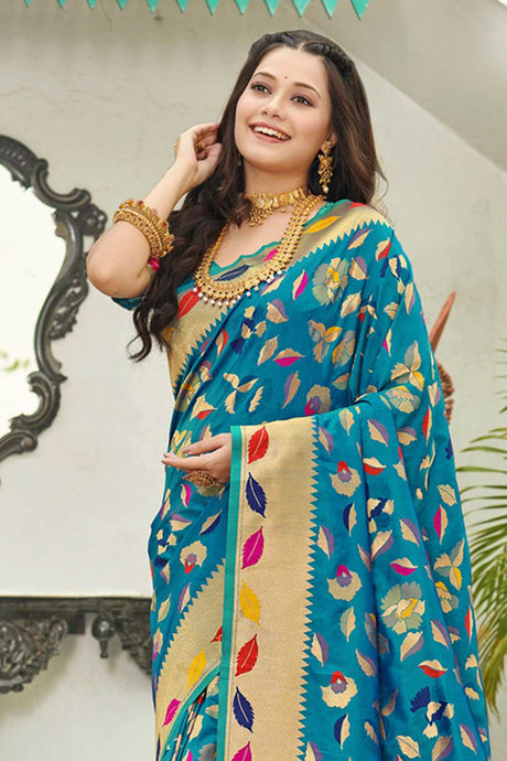 Teal Banarasi Silk Woven Saree